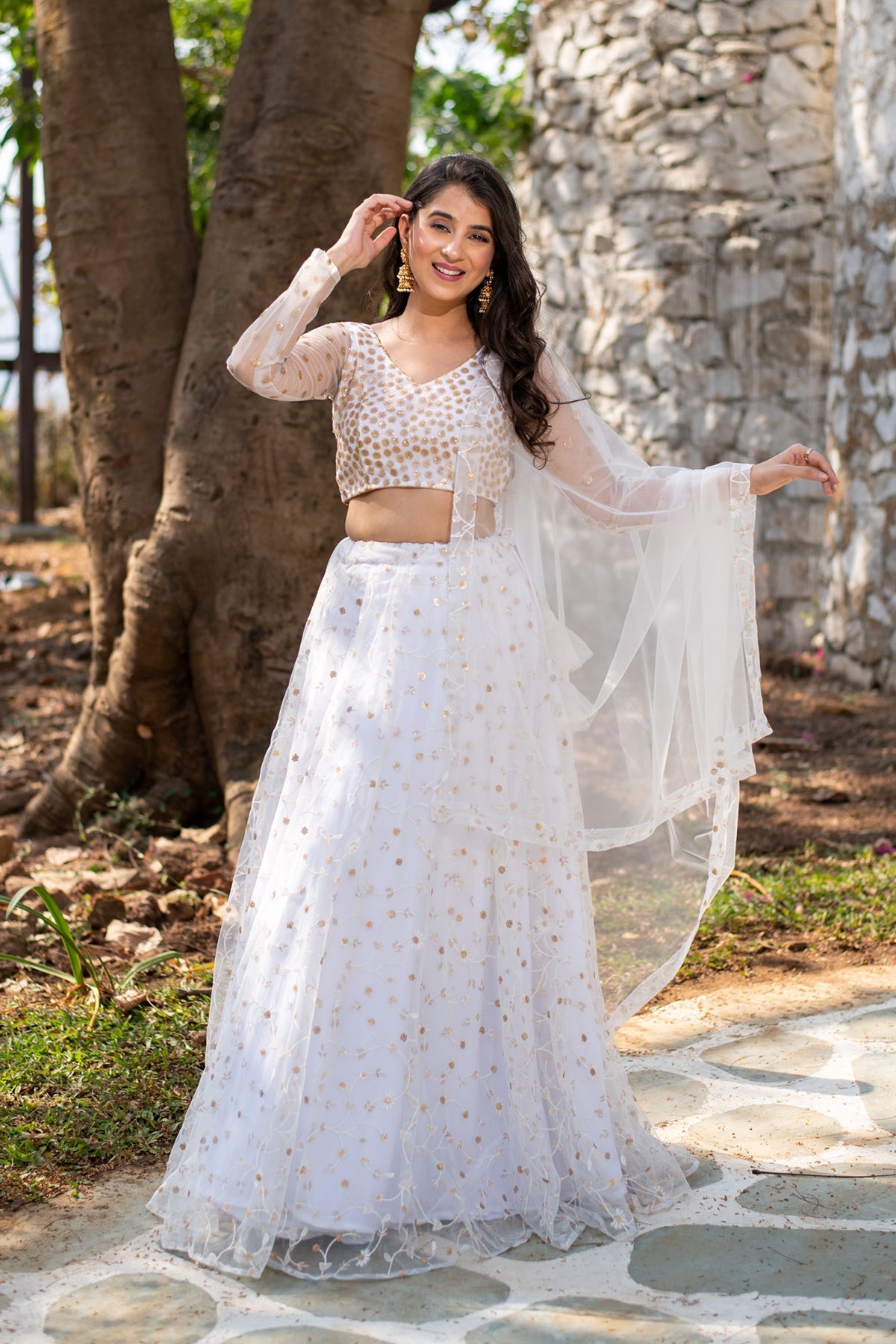 Women's White Thread And Sequin Work Lehenga