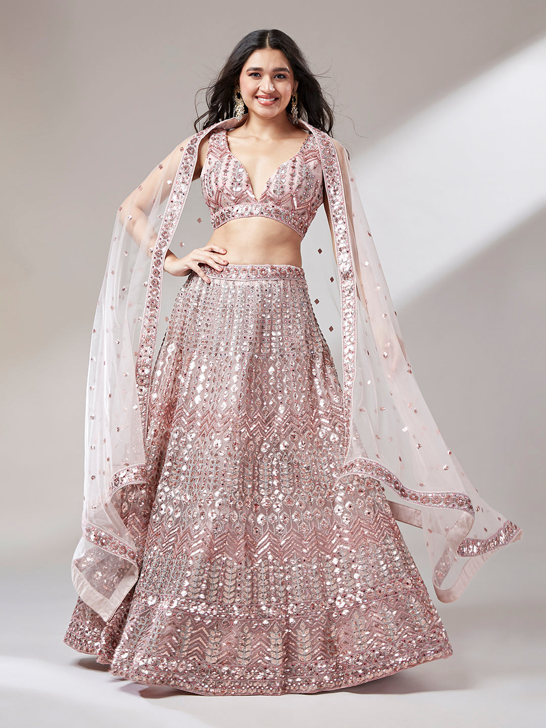 Women 's Rose Gold Net Mirror & Sequinse embroidery Ready to Wear Lehenga choli & Dupatta