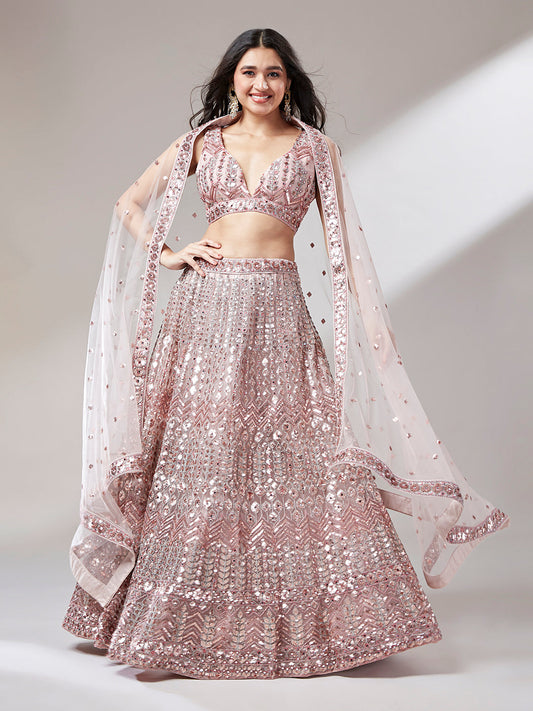 Women 's Rose Gold Net Mirror & Sequinse embroidery Ready to Wear Lehenga choli & Dupatta