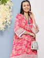 Women's Pink Floral Print A- Line Kurta With Lace Detailing & Pink Floral Print Trousers