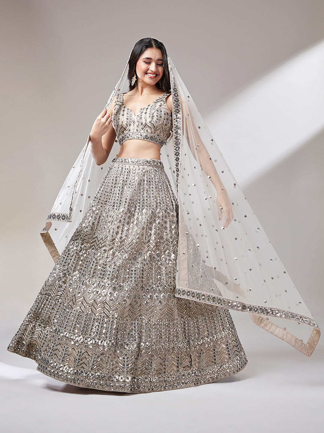 Women's Beige - Net Mirror & Sequins Embroiderey Ready To Wear  Lehenga Choli
