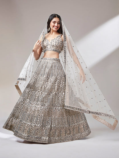Women's Beige - Net Mirror & Sequins Embroiderey Ready To Wear  Lehenga Choli