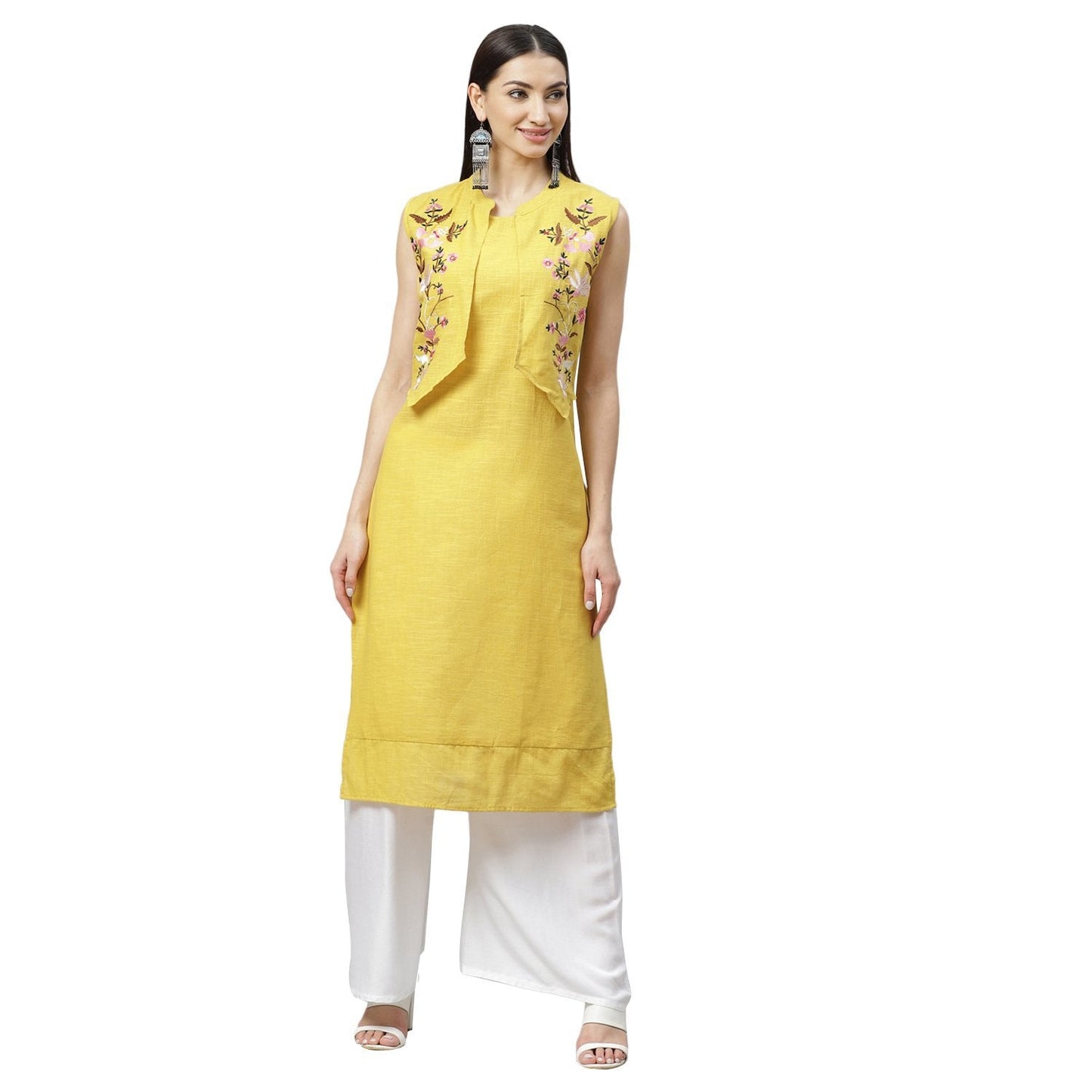 Women's Yellow Cotton Slub Printed Sleeveless Round Neck Casual Dress