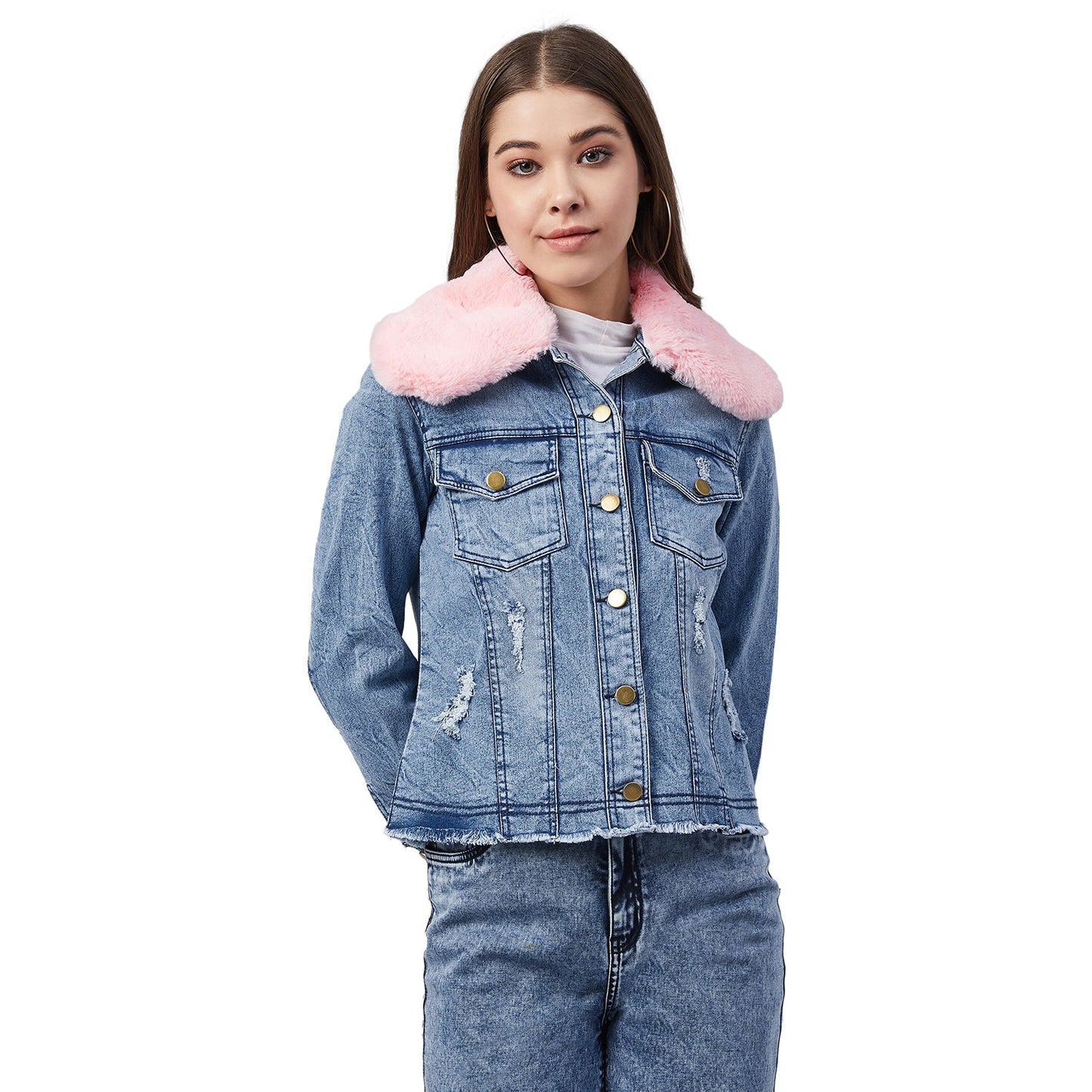 Women's Distressed Denim Jacket with Detachable Pink Fur Collar
