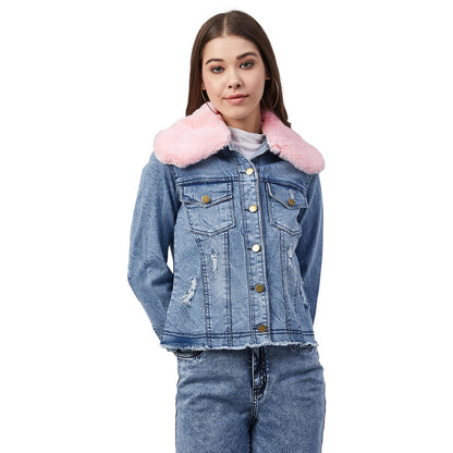 Women's Distressed Denim Jacket with Detachable Pink Fur Collar