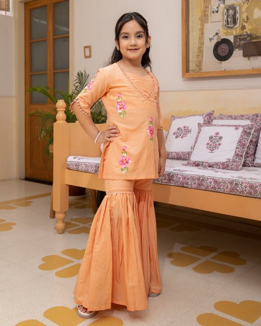 Girl's Posie Orange Handpainted Chanderi Co ord Set