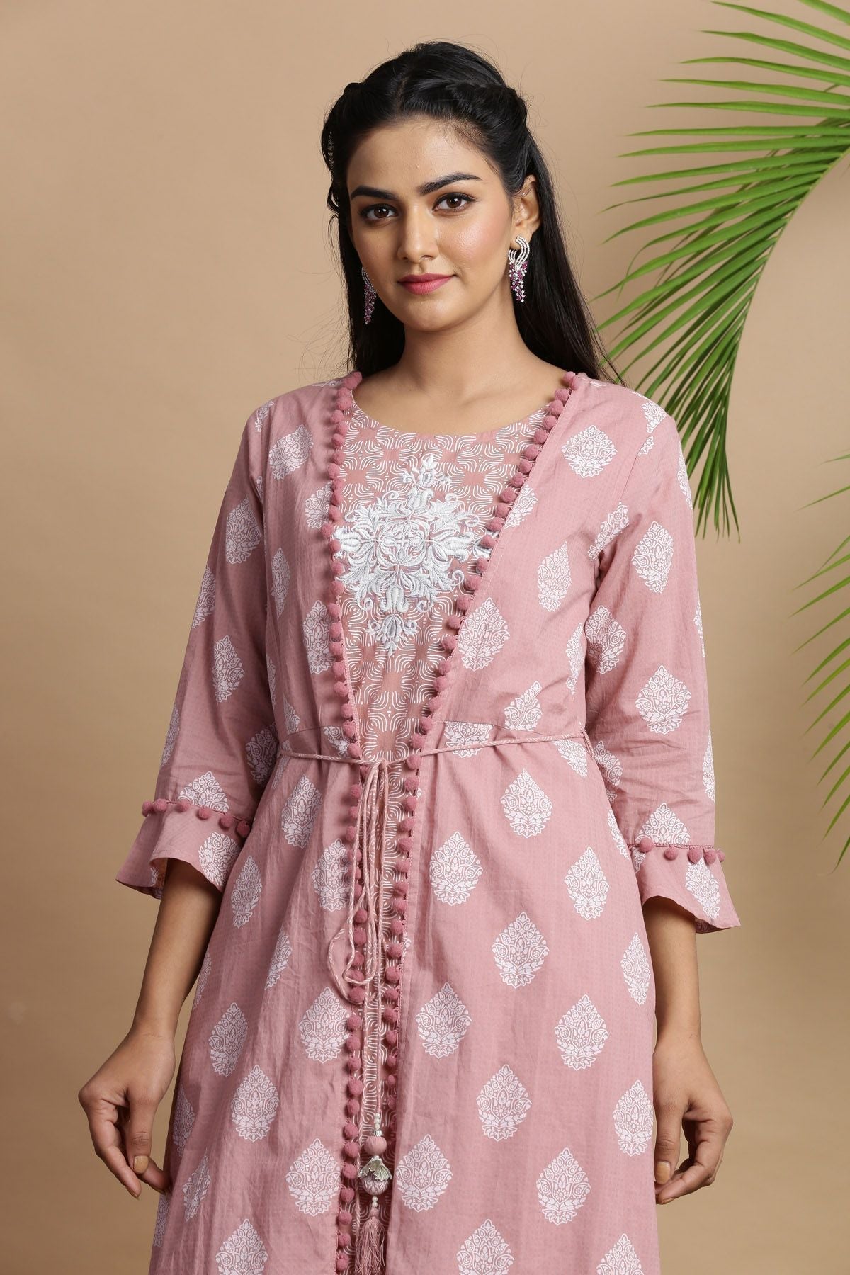 Women's Powderpink Cambric Printed Jacket Style Kurta