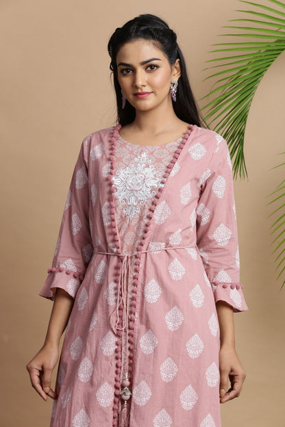 Women's Powderpink Cambric Printed Jacket Style Kurta