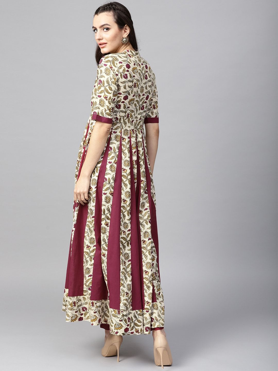 Women's  Beige & Maroon Printed Anarkali Kurta