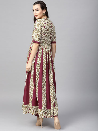 Women's  Beige & Maroon Printed Anarkali Kurta