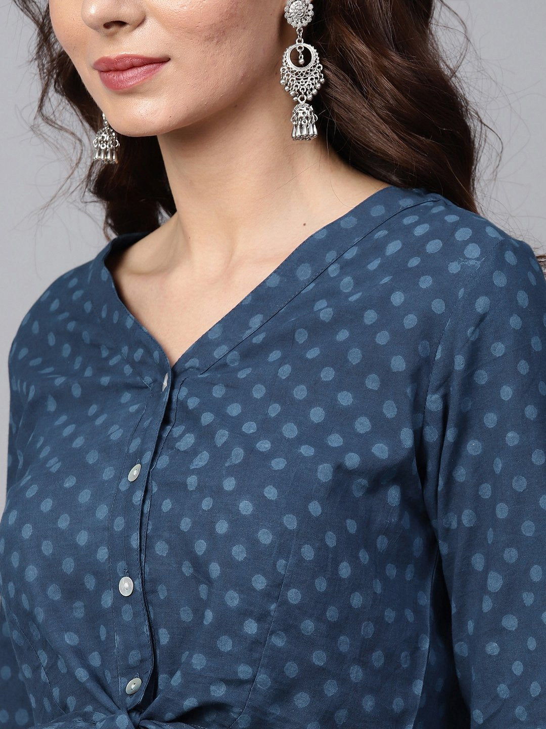 Women's  Navy Blue Handblock Print Crop Top with Palazzos