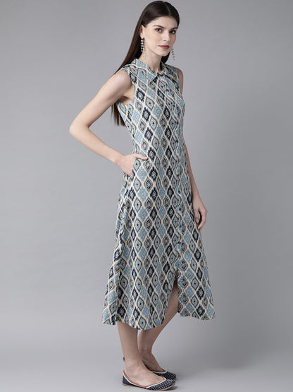 Women's  Blue & Off-White Printed Shirt Dress