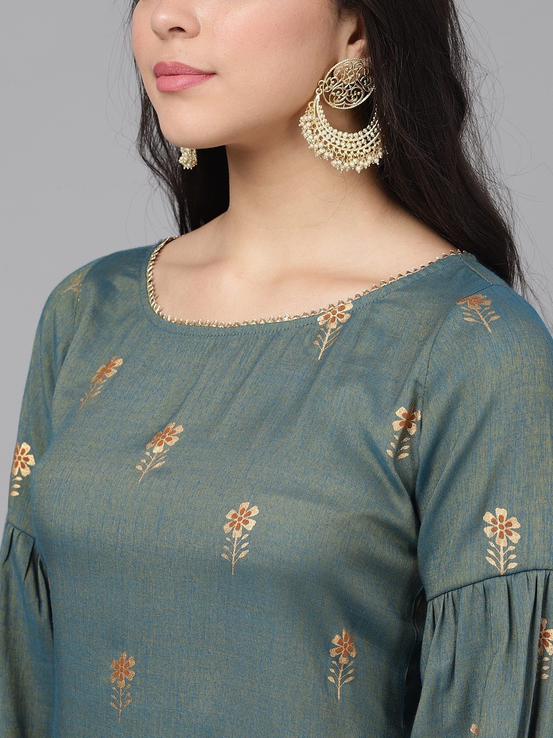 Women's  Grey & Orange Self Design Kurta with Sharara