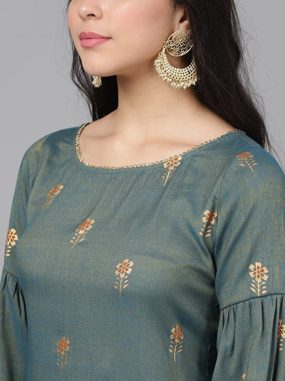 Women's  Grey & Orange Self Design Kurta with Sharara