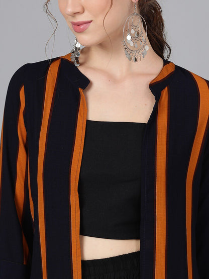 Women's  Navy Blue & Yellow Striped Open Front Jacket