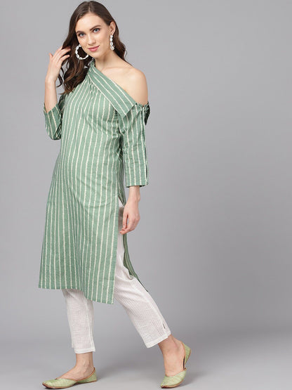 Women's  Green & Off-White Striped Straight Kurta