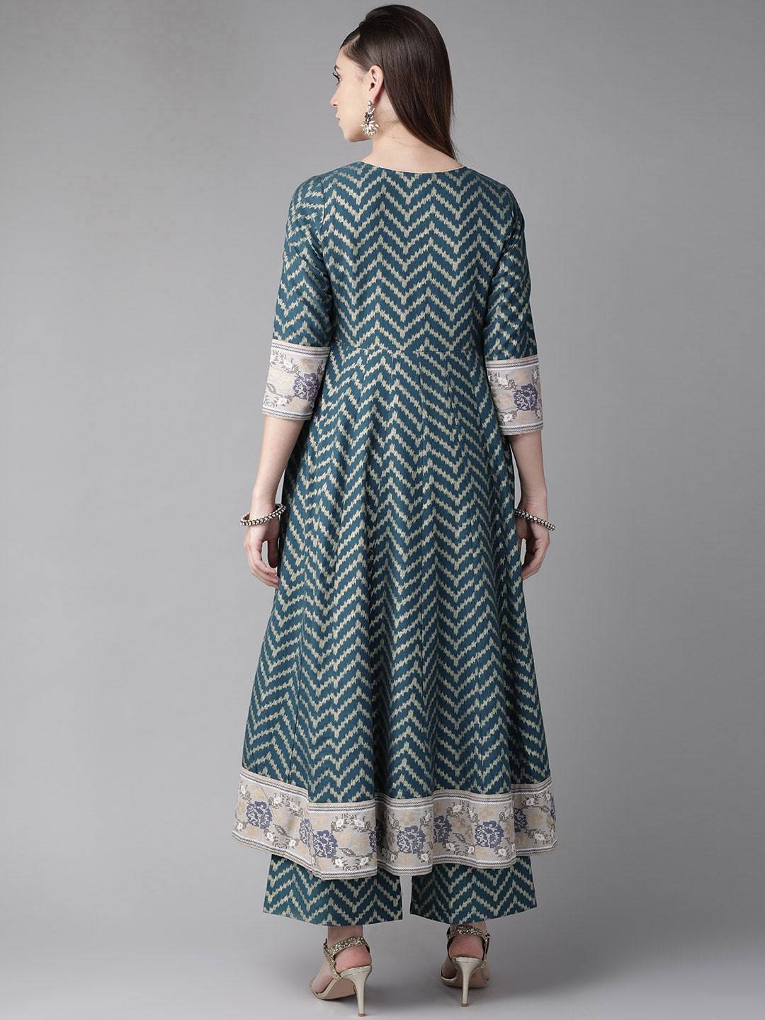 Women's  Teal Blue & Golden Chevron Print Anarkali Kurta