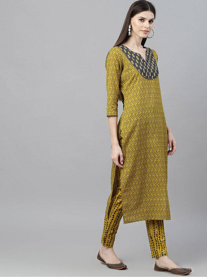 Women's  Mustard & Grey Printed A-Line Kurta