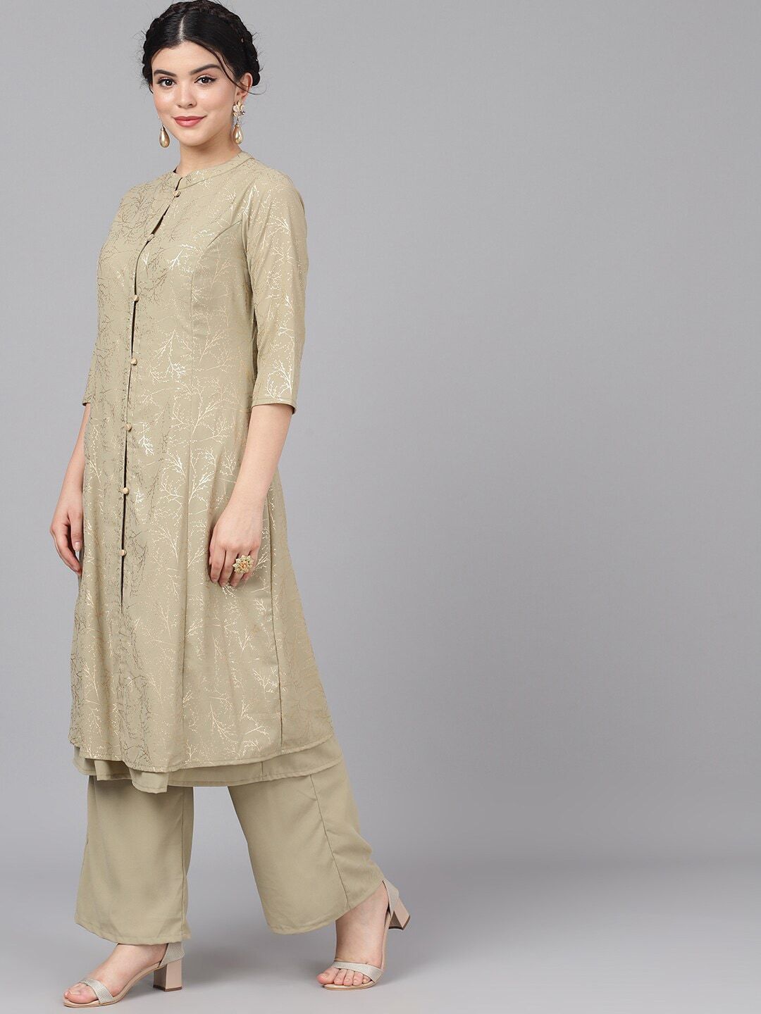 Women's  Taupe & Gold-Cloured Printed Kurta with Palazzos
