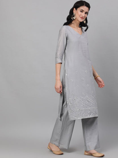 Women's  Grey Solid Kurta with Palazzos & Dupatta