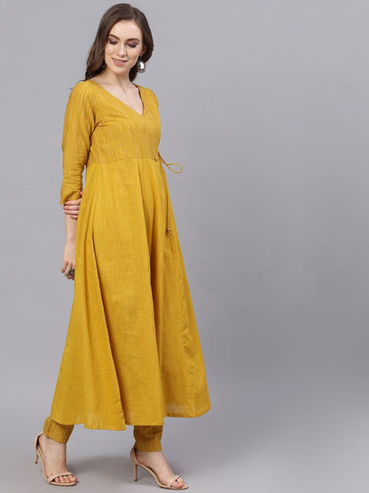 Women's  Mustard Yellow Striped Anarkali Kurta