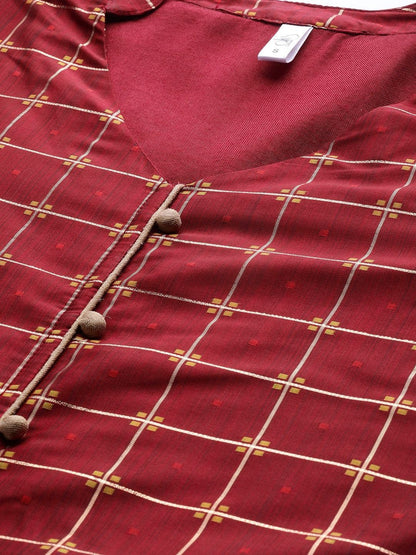 Women's  Maroon & Golden Checked Kurta with Palazzos