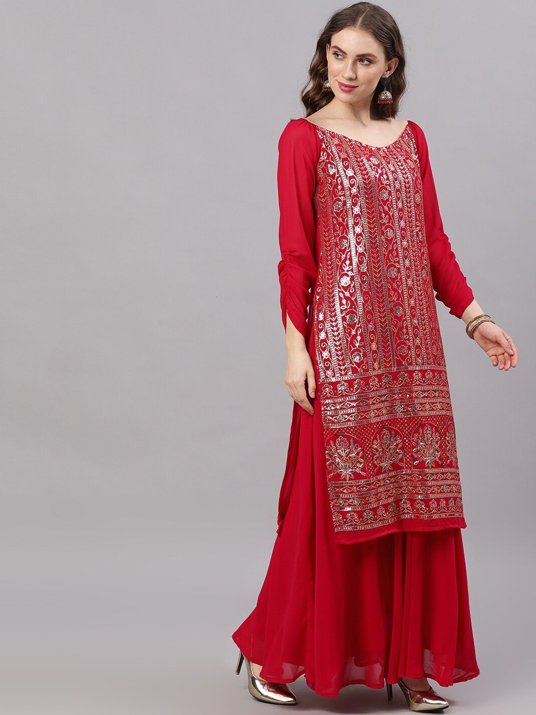 Women's  Maroon Sequence Work With Solid Flared Skirt