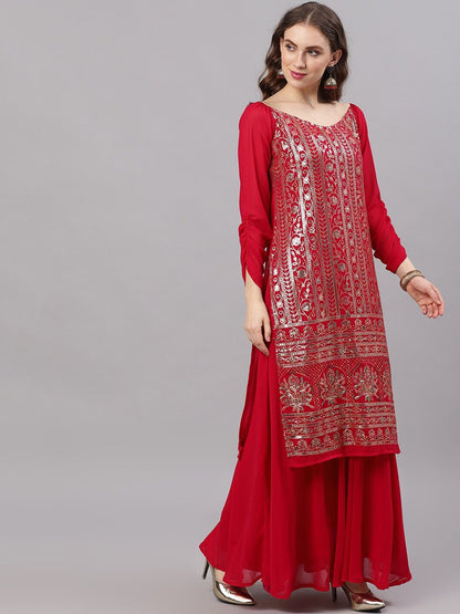 Women's  Maroon Sequence Work With Solid Flared Skirt