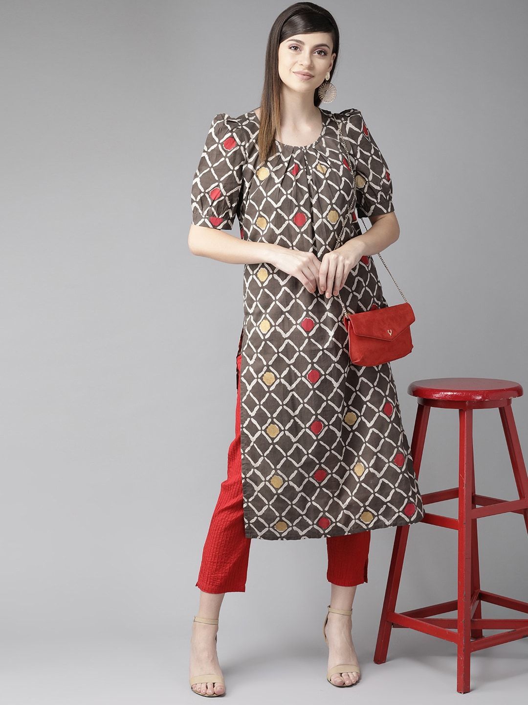 Women's  Brown & Off-White Checked Straight Kurta