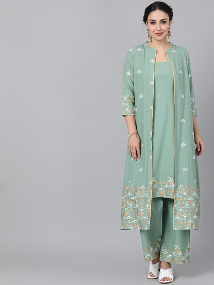 Women's  Green Solid Kurta with Trousers