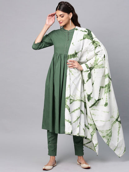 Women's  Green & White Solid Kurta with Trousers & Dupatta
