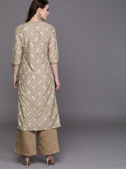 Women's  Beige & White Printed Kurta with Palazzos