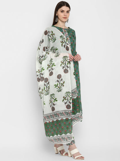 Women's Block Print Green Kurta & Pant With Dupatta Set By Vbuyz- (3