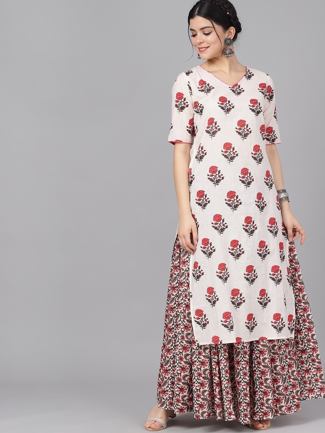 Women's  Off-White & Pink Printed Kurta with Skirt