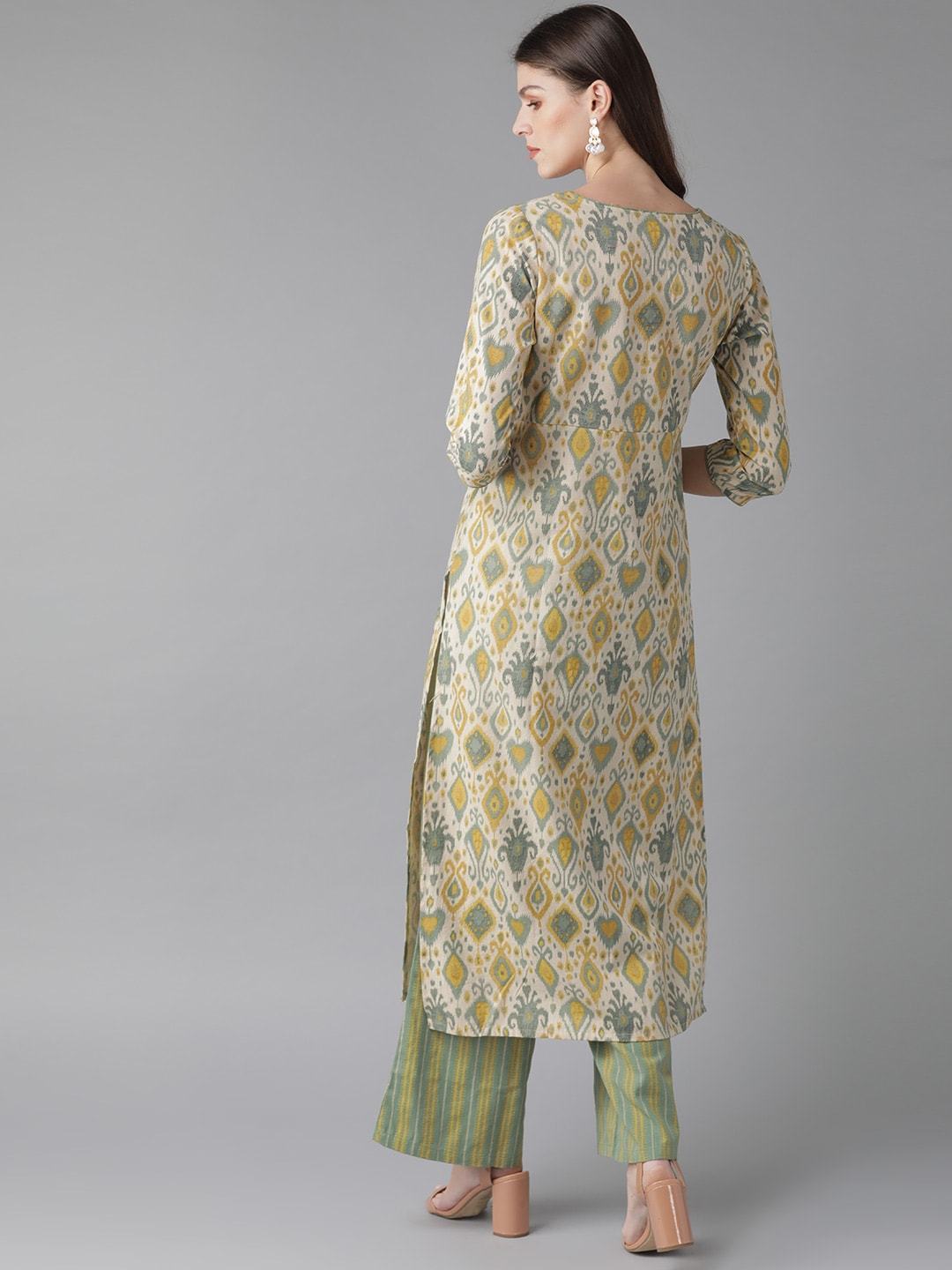 Women's  Beige & Green Printed Kurta with Palazzos