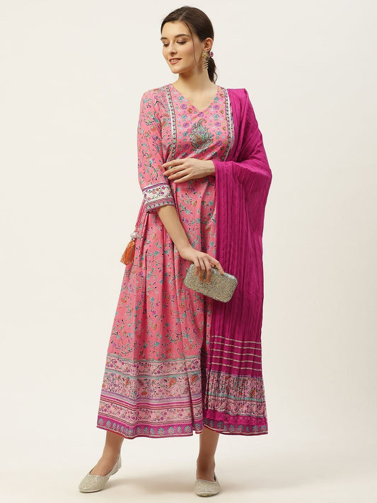 Women's Pink Floral Print Anarkali & Dupatta