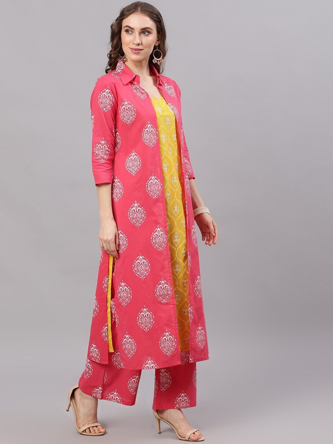 Women's  Yellow & Pink Printed Kurta with Palazzos