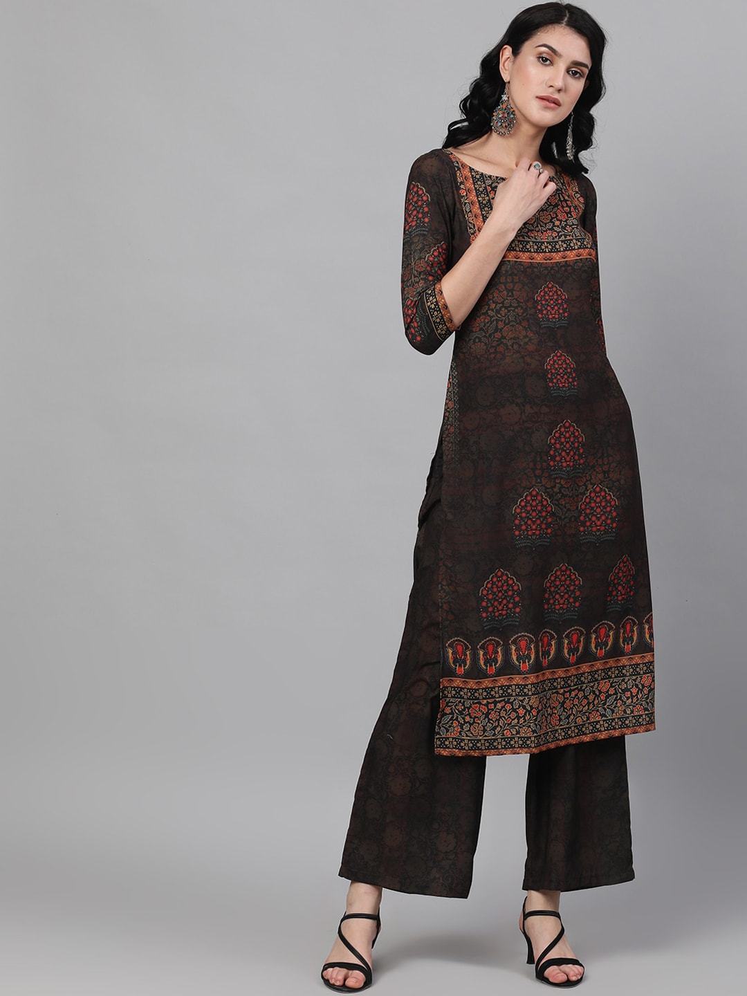 Women's  Brown & Black Printed Kurta with Palazzos
