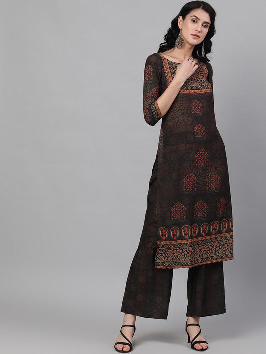 Women's  Brown & Black Printed Kurta with Palazzos