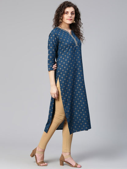 Women's Navy Blue & Golden Printed Straight Kurta
