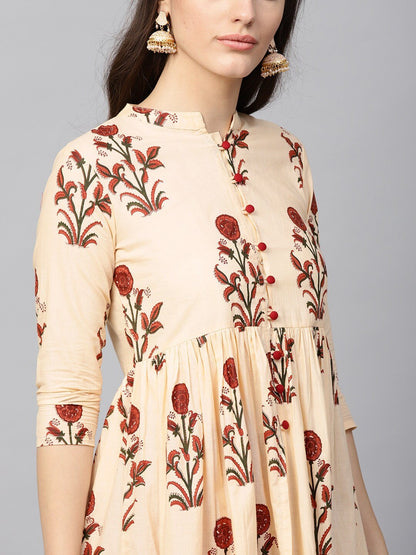 Women's  Cream-Coloured & Maroon Floral Print A-Line Kurta