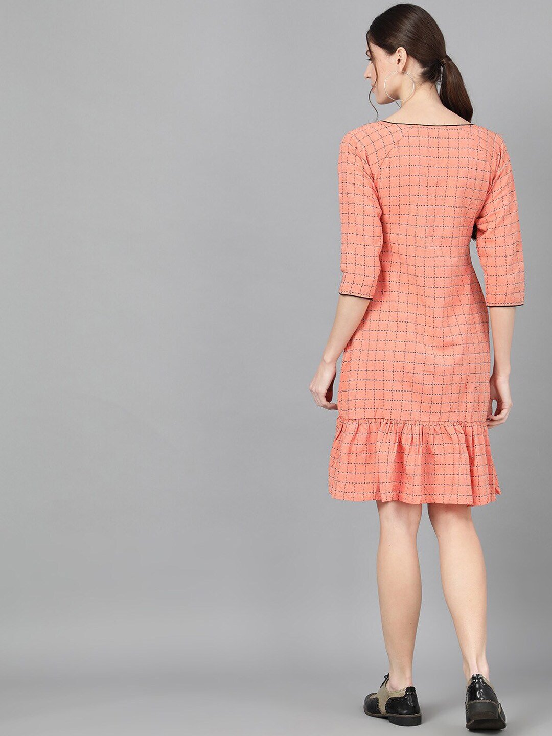Women's  Peach-Coloured Checked Drop-Waist Dress