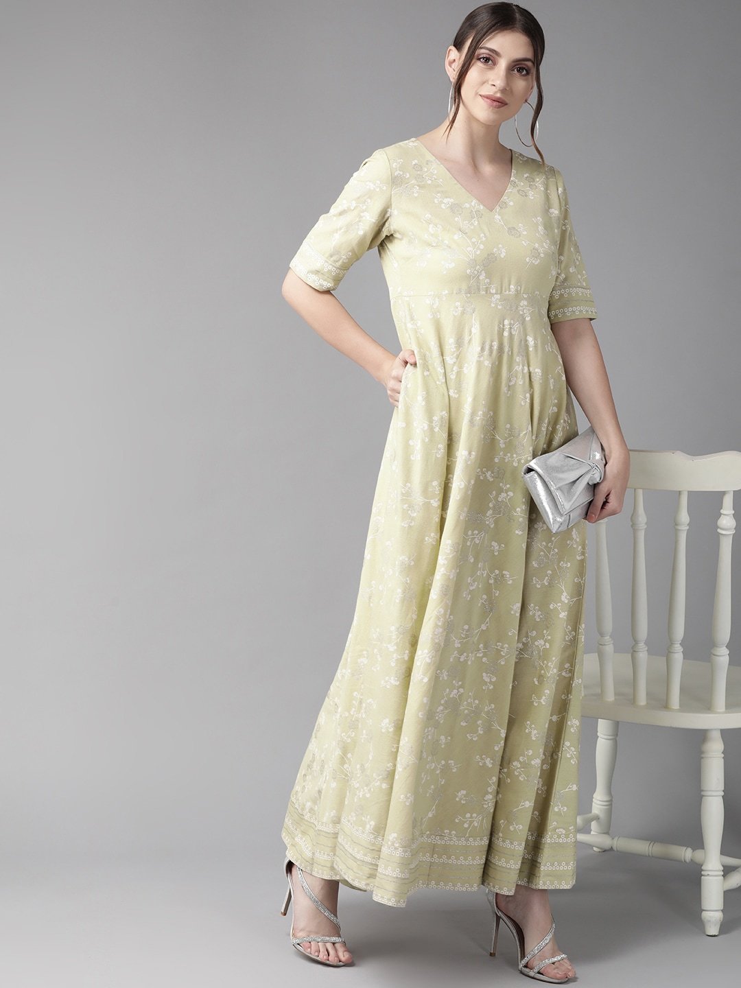 Women's  Beige & White Khari Print Bias Cut Maxi Dress