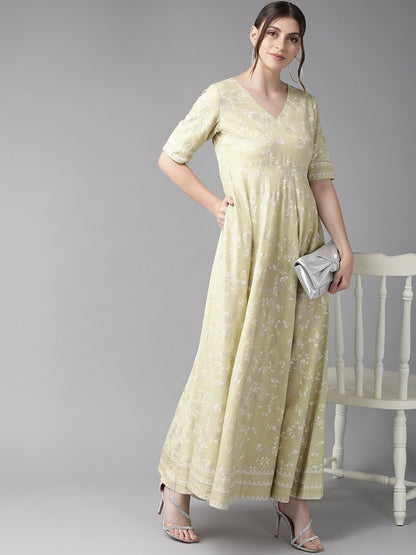Women's  Beige & White Khari Print Bias Cut Maxi Dress