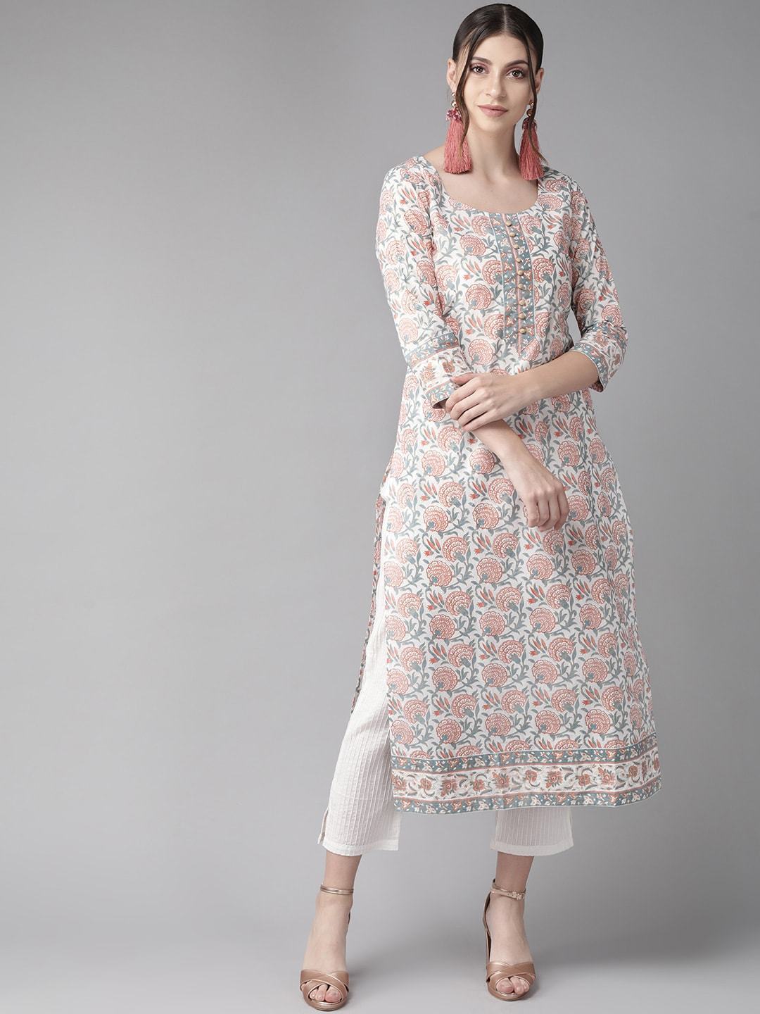 Women's  Floral Printed Straight Kurta in White & Rust Red