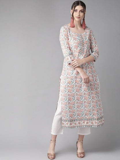 Women's  Floral Printed Straight Kurta in White & Rust Red