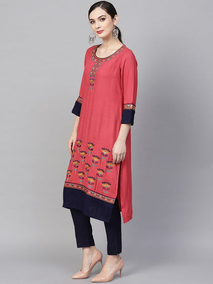 Women's  Pink Embroidered Straight Kurta