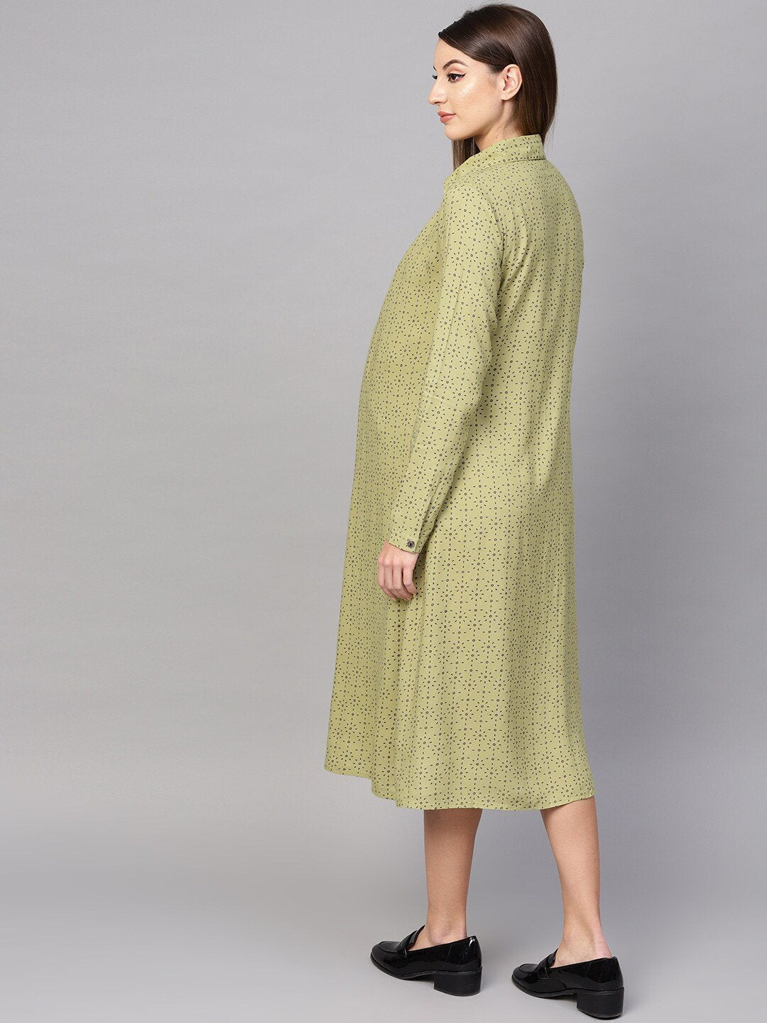Women's  Green Printed Layered Maternity Shirt Dress