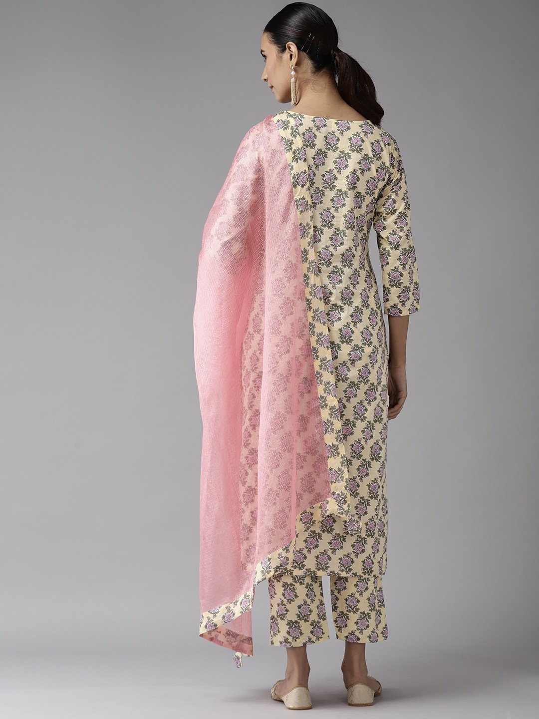 Women's Light Yellow & Green Printed Kurta Set