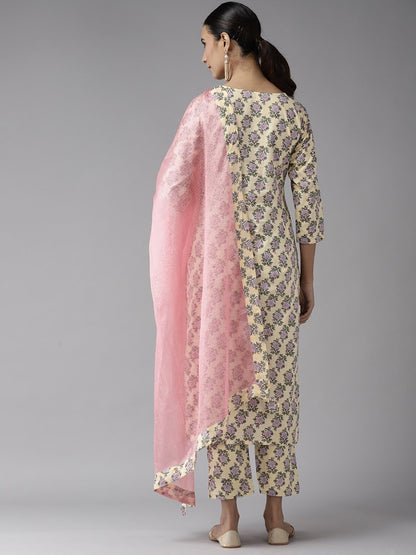 Women's Light Yellow & Green Printed Kurta Set